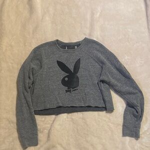 PLAYBOY Charcoal Gray Women's cropped Crew Neck Sweater